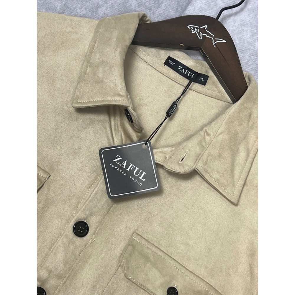 Zaful Faux Suede Button Down Shirt Mens XL Tan NEW Long Sleeve Utility Pocket